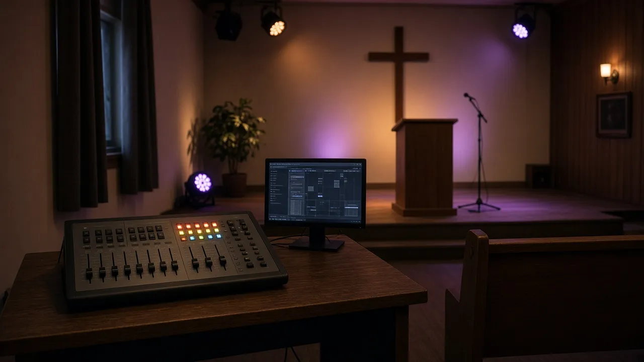 A simple lighting console at a small church with a few colored stage lights on the platform